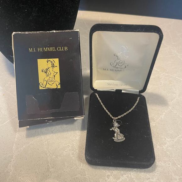 Vintage 1990 MI Hummel Club Necklace sterling silver boy walking with umbrella - Picture 7 of 10
